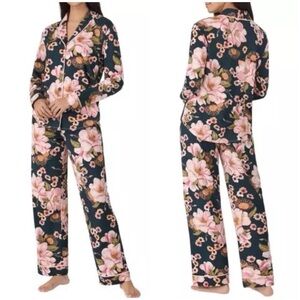 Room Service Shawl Collar Floral Pajama Set Pink Black Green Style XXL